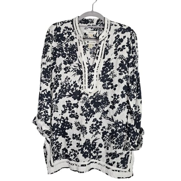 malvin Tops - Women's MALVIN I Love Linen Tunic Top size M 8 NAVY BLUE & WHITE Floral Boho LS